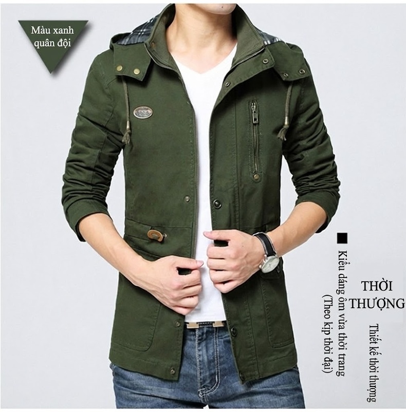 Áo Khoác Nam Cotton Dáng Lửng Có Mũ Trùm Đầu Phong Cách Công Sở Màu Be, Nâu, Xanh, Đen... chi tiết 14