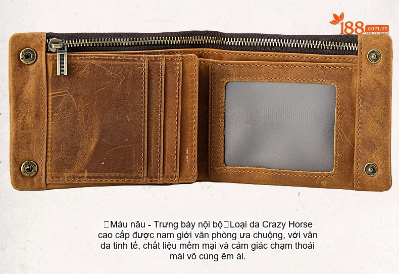 Ví Nam Da Thật Khóa Kéo Gập Đôi Phong Cách Retro Màu Nâu chi tiết 20