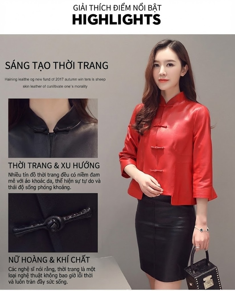 Áo Khoác Da Cừu Nữ Kiểu Ngắn Tay Lỡ Màu Đen, Đỏ chi tiết 1
