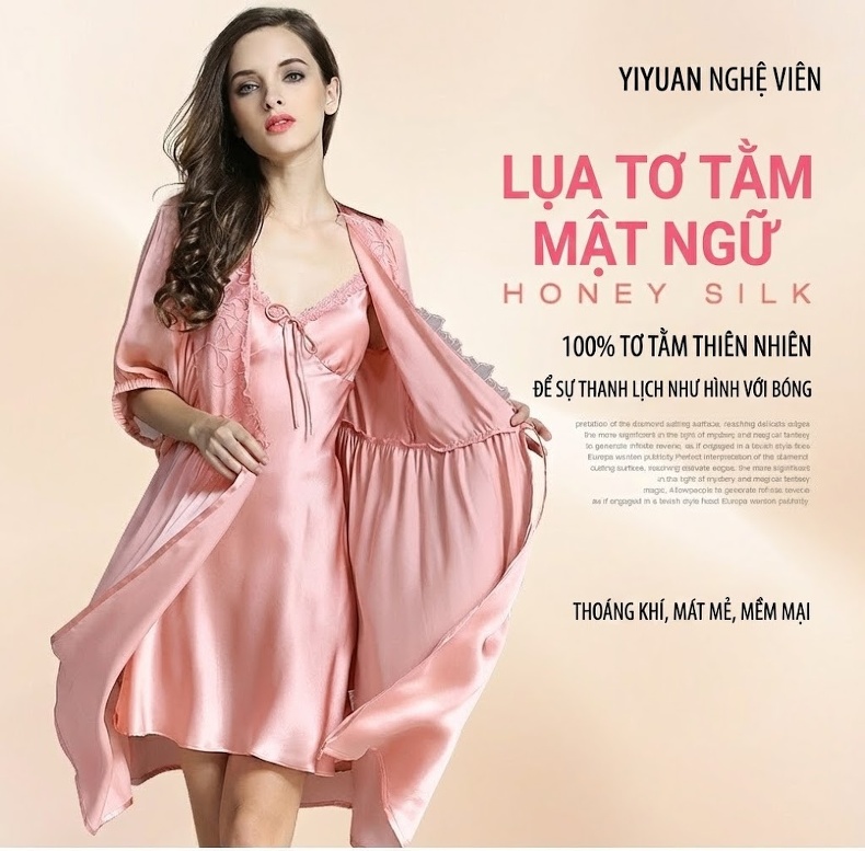 Bộ Đồ Ngủ Lụa Tơ Tằm Nữ Hai Dây Gợi Cảm Sang Trọng Gồm Váy Ngủ và Áo Choàng Màu Hồng, Đỏ chi tiết 1