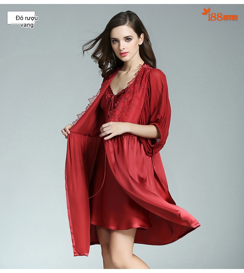 Bộ Đồ Ngủ Lụa Tơ Tằm Nữ Hai Dây Gợi Cảm Sang Trọng Gồm Váy Ngủ và Áo Choàng Màu Hồng, Đỏ chi tiết 21