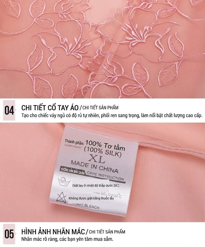 Bộ Đồ Ngủ Lụa Tơ Tằm Nữ Hai Dây Gợi Cảm Sang Trọng Gồm Váy Ngủ và Áo Choàng Màu Hồng, Đỏ chi tiết 26