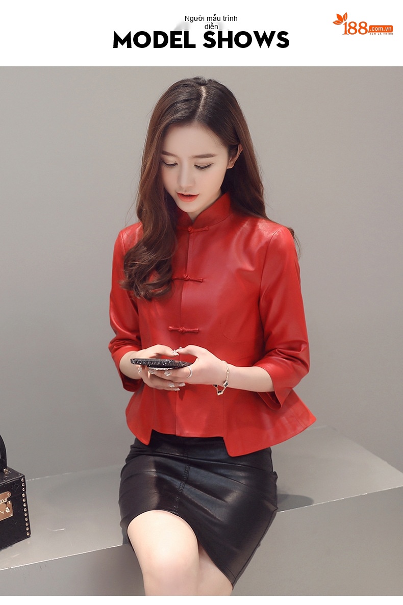 Áo Khoác Da Cừu Nữ Kiểu Ngắn Tay Lỡ Màu Đen, Đỏ chi tiết 5