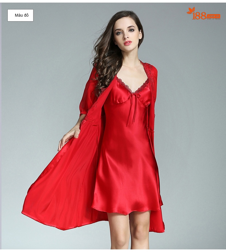 Bộ Đồ Ngủ Lụa Tơ Tằm Nữ Hai Dây Gợi Cảm Sang Trọng Gồm Váy Ngủ và Áo Choàng Màu Hồng, Đỏ chi tiết 13