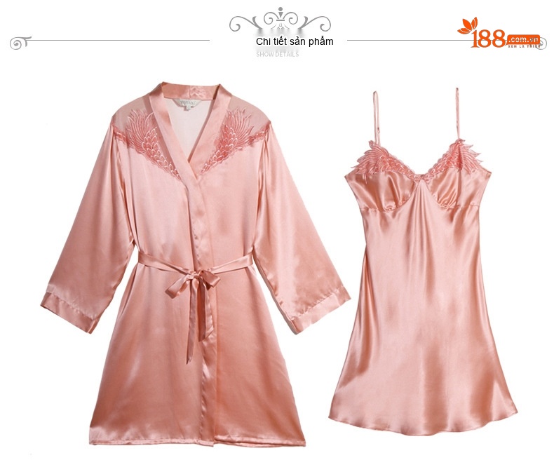 Bộ Đồ Ngủ Lụa Satin Hai Dây Viền Ren Gợi Cảm Áo Choàng Ngủ Nữ Màu Hồng chi tiết 10