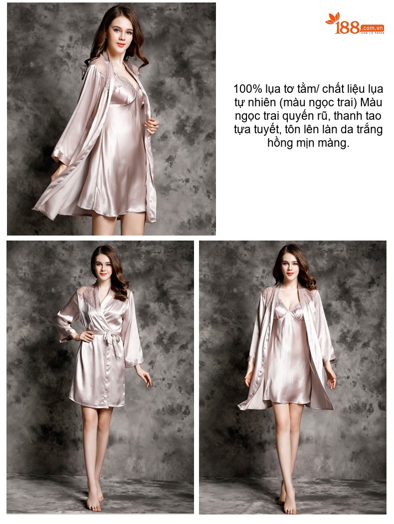 Bộ Đồ Ngủ Lụa Satin Hai Dây Viền Ren Gợi Cảm Áo Choàng Ngủ Nữ Màu Hồng chi tiết 9
