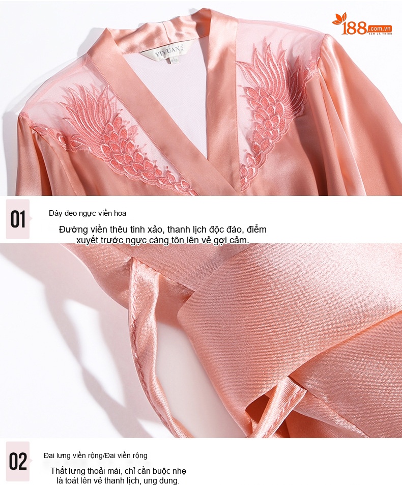 Bộ Đồ Ngủ Lụa Satin Hai Dây Viền Ren Gợi Cảm Áo Choàng Ngủ Nữ Màu Hồng chi tiết 11