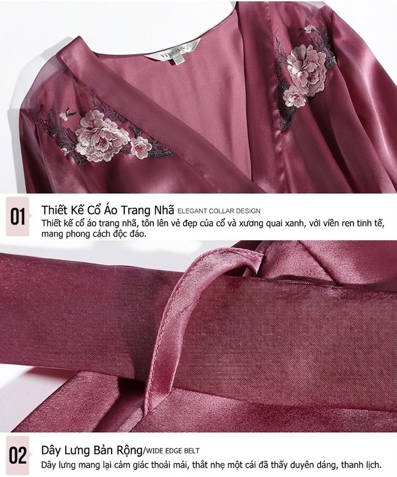 Bộ Đồ Ngủ Lụa Tơ Tằm Nữ Gồm Áo Hai Dây, Quần Short, Áo Choàng Sexy Màu Đỏ, Hồng chi tiết 14