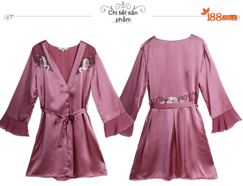 Bộ Đồ Ngủ Lụa Tơ Tằm Nữ Gồm Áo Hai Dây, Quần Short, Áo Choàng Sexy Màu Đỏ, Hồng chi tiết 13
