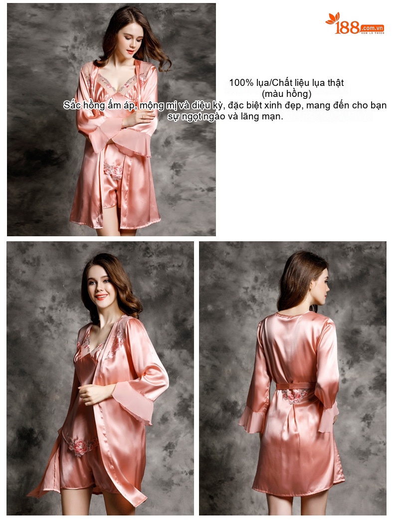 Bộ Đồ Ngủ Lụa Tơ Tằm Nữ Gồm Áo Hai Dây, Quần Short, Áo Choàng Sexy Màu Đỏ, Hồng chi tiết 8