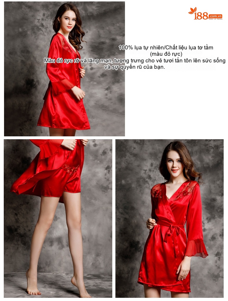 Bộ Đồ Ngủ Lụa Tơ Tằm Nữ Gồm Áo Hai Dây, Quần Short, Áo Choàng Sexy Màu Đỏ, Hồng chi tiết 12