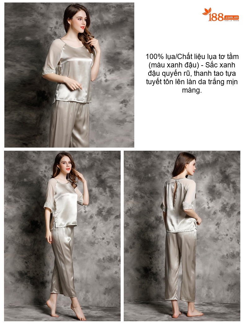 Bộ Đồ Ngủ Lụa Tơ Tằm Nữ Tay Lỡ Gợi Cảm Mùa Hè Màu Hồng, Xám chi tiết 13