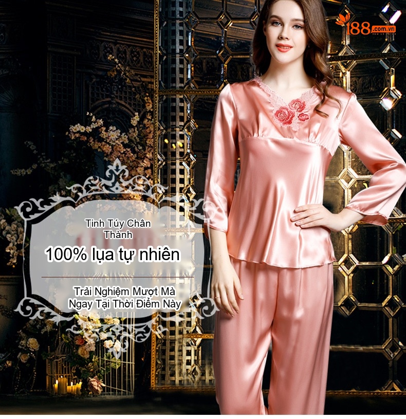 Bộ Đồ Ngủ Dài Tay Nữ 100% Lụa Tơ Tằm Ren Mùa Xuân Hè Màu Be, Đỏ, Tím, Hồng... chi tiết 1