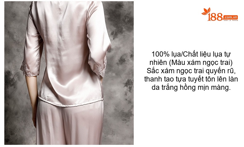 Bộ Đồ Ngủ Lụa Nữ Tay Lỡ 100% Lụa Tằm Sexy Viền Ren Màu Hồng chi tiết 9