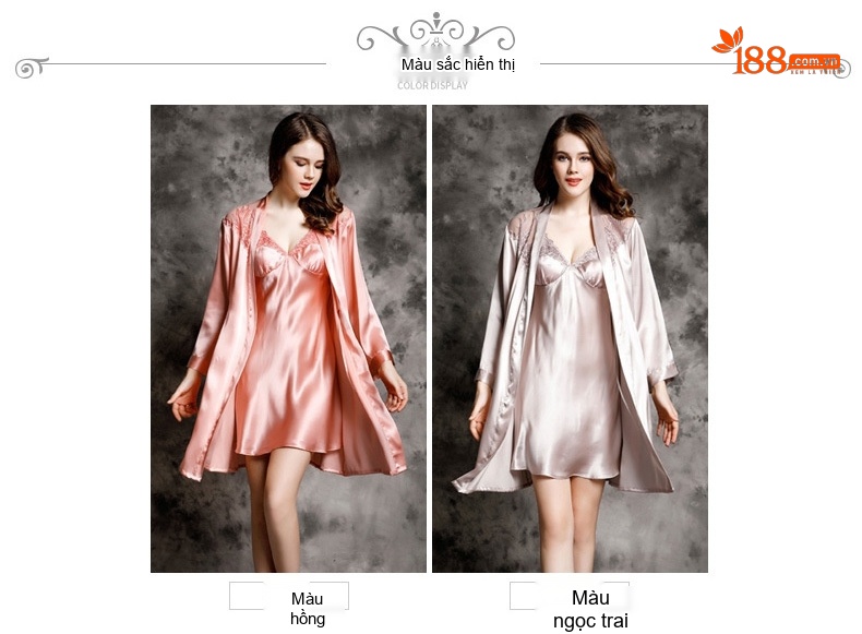 Bộ Đồ Ngủ Lụa Satin Hai Dây Viền Ren Gợi Cảm Áo Choàng Ngủ Nữ Màu Hồng chi tiết 5