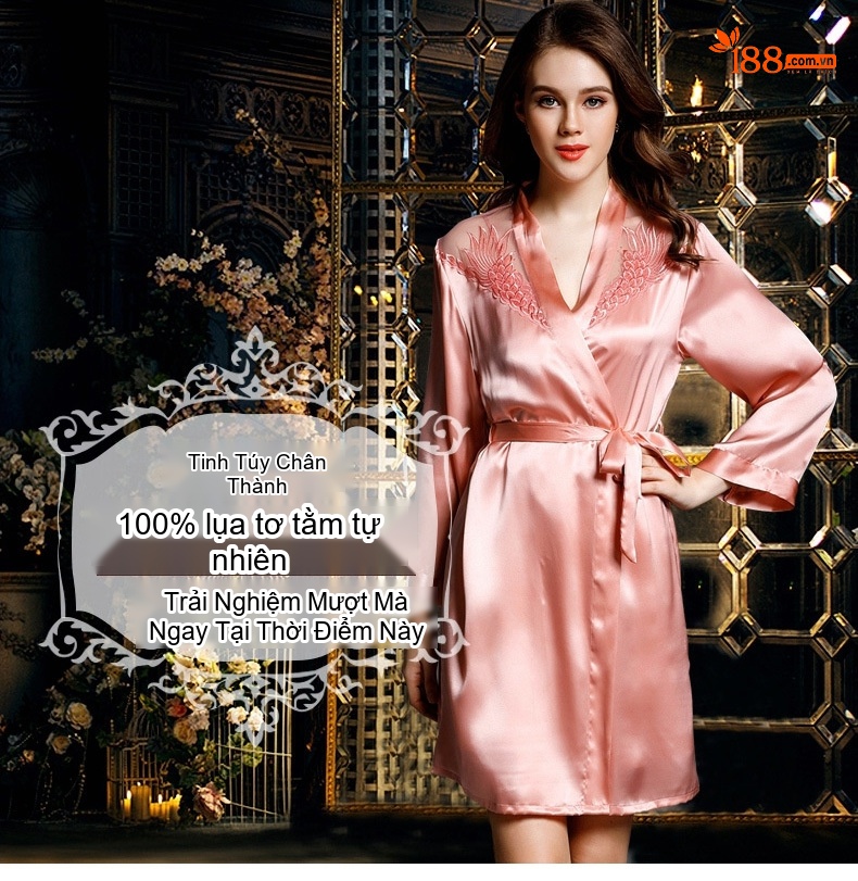 Bộ Đồ Ngủ Lụa Satin Hai Dây Viền Ren Gợi Cảm Áo Choàng Ngủ Nữ Màu Hồng chi tiết 1