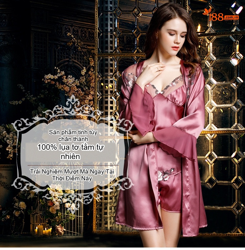 Bộ Đồ Ngủ Lụa Tơ Tằm Nữ Gồm Áo Hai Dây, Quần Short, Áo Choàng Sexy Màu Đỏ, Hồng chi tiết 1