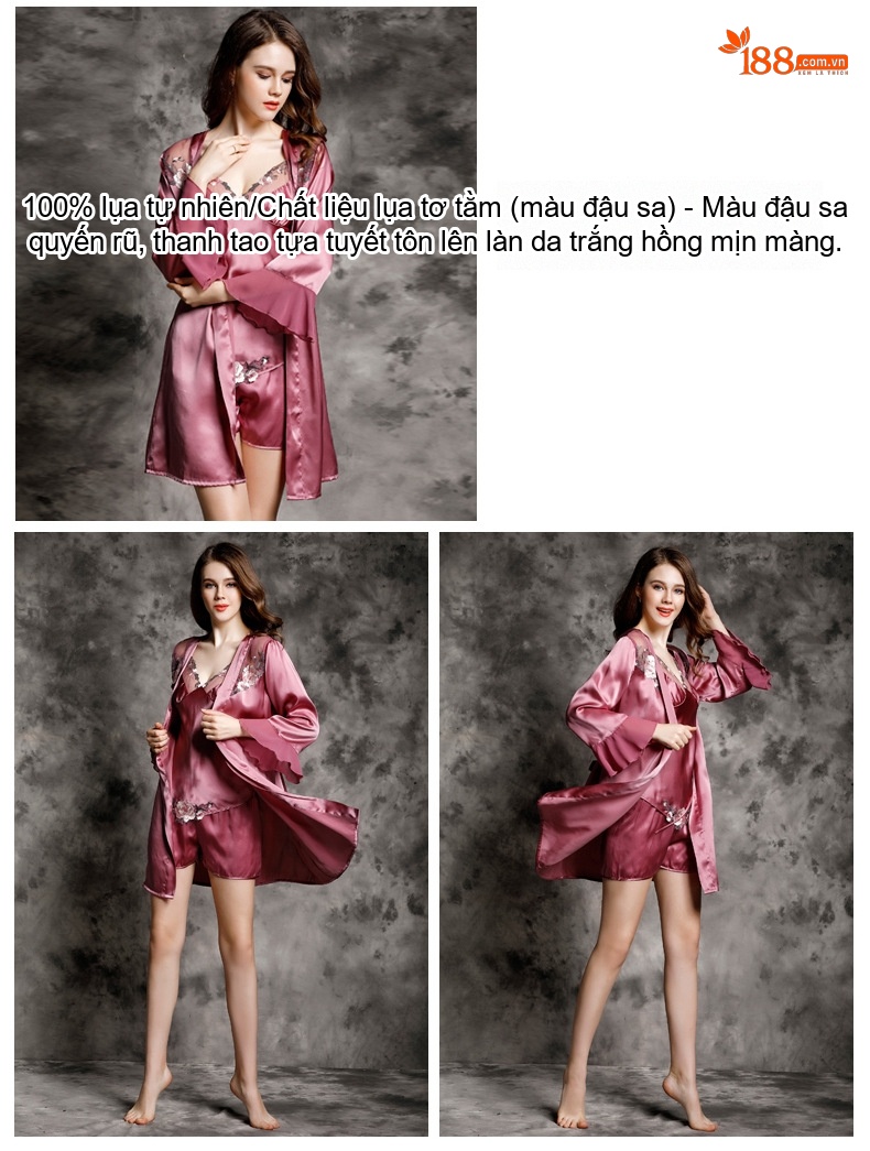 Bộ Đồ Ngủ Lụa Tơ Tằm Nữ Gồm Áo Hai Dây, Quần Short, Áo Choàng Sexy Màu Đỏ, Hồng chi tiết 10