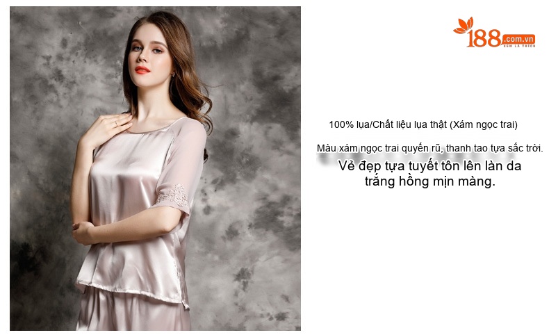 Bộ Đồ Ngủ Lụa Tơ Tằm Nữ Tay Lỡ Gợi Cảm Mùa Hè Màu Hồng, Xám chi tiết 10