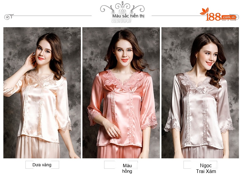 Bộ Đồ Ngủ Lụa Nữ Tay Lỡ 100% Lụa Tằm Sexy Viền Ren Màu Hồng chi tiết 5