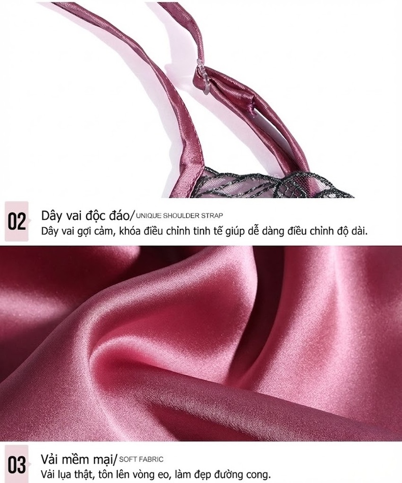 Bộ Đồ Ngủ Hai Dây Lụa Tơ Tằm Xuân Hè, Ren Gợi Cảm Màu Đỏ, Hồng chi tiết 17