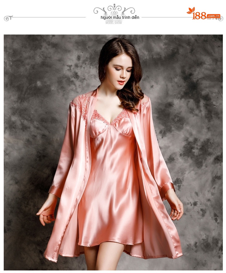Bộ Đồ Ngủ Lụa Satin Hai Dây Viền Ren Gợi Cảm Áo Choàng Ngủ Nữ Màu Hồng chi tiết 6