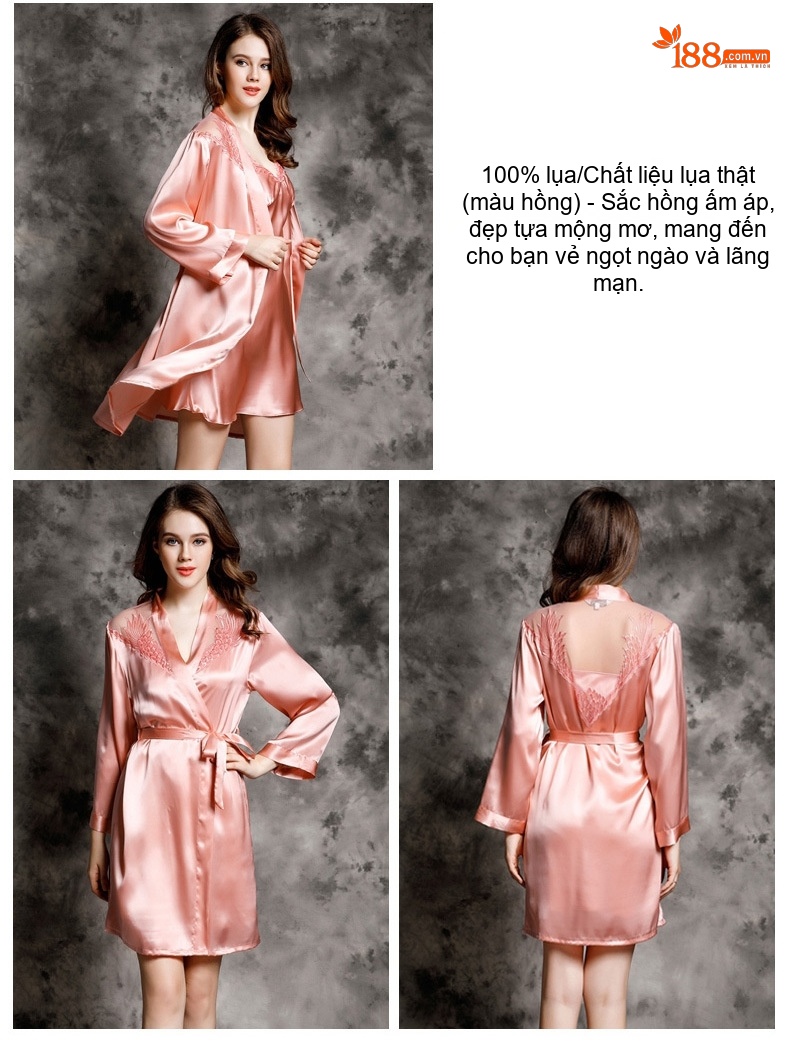 Bộ Đồ Ngủ Lụa Satin Hai Dây Viền Ren Gợi Cảm Áo Choàng Ngủ Nữ Màu Hồng chi tiết 7