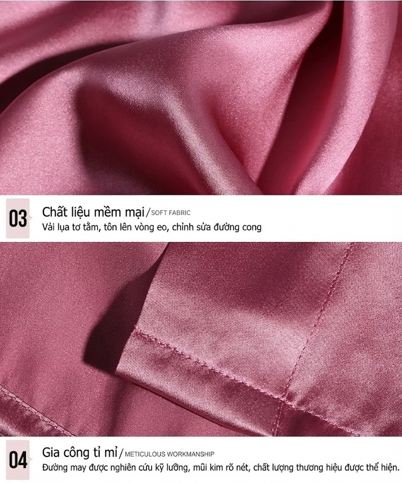 Bộ Đồ Ngủ Lụa Tơ Tằm Nữ Gồm Áo Hai Dây, Quần Short, Áo Choàng Sexy Màu Đỏ, Hồng chi tiết 15