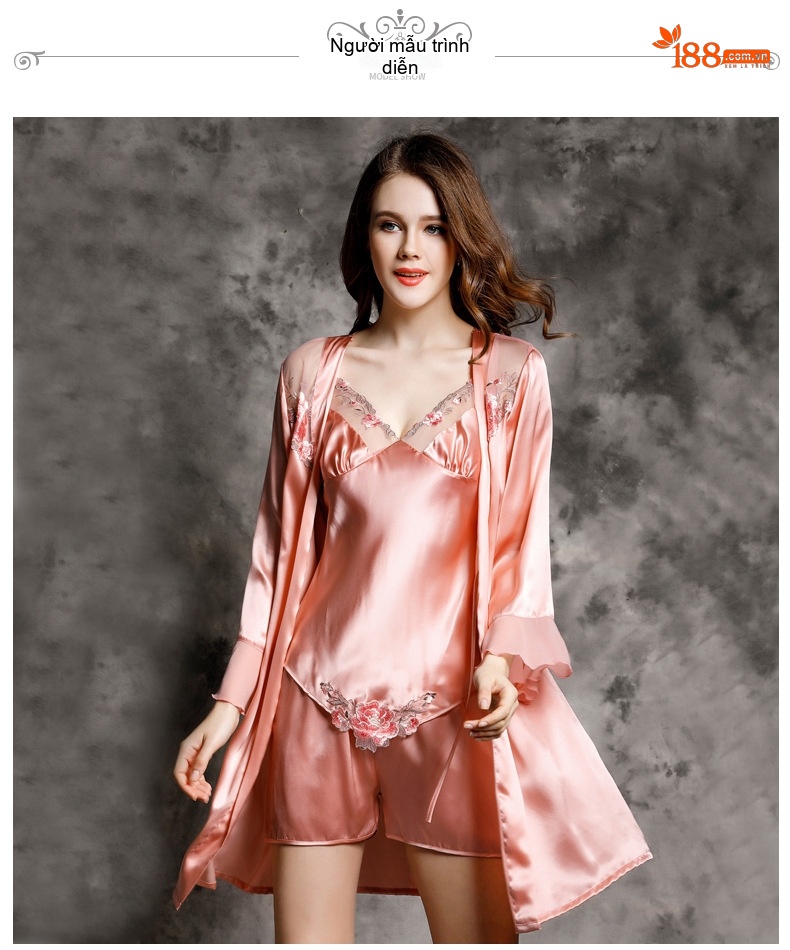 Bộ Đồ Ngủ Lụa Tơ Tằm Nữ Gồm Áo Hai Dây, Quần Short, Áo Choàng Sexy Màu Đỏ, Hồng chi tiết 7