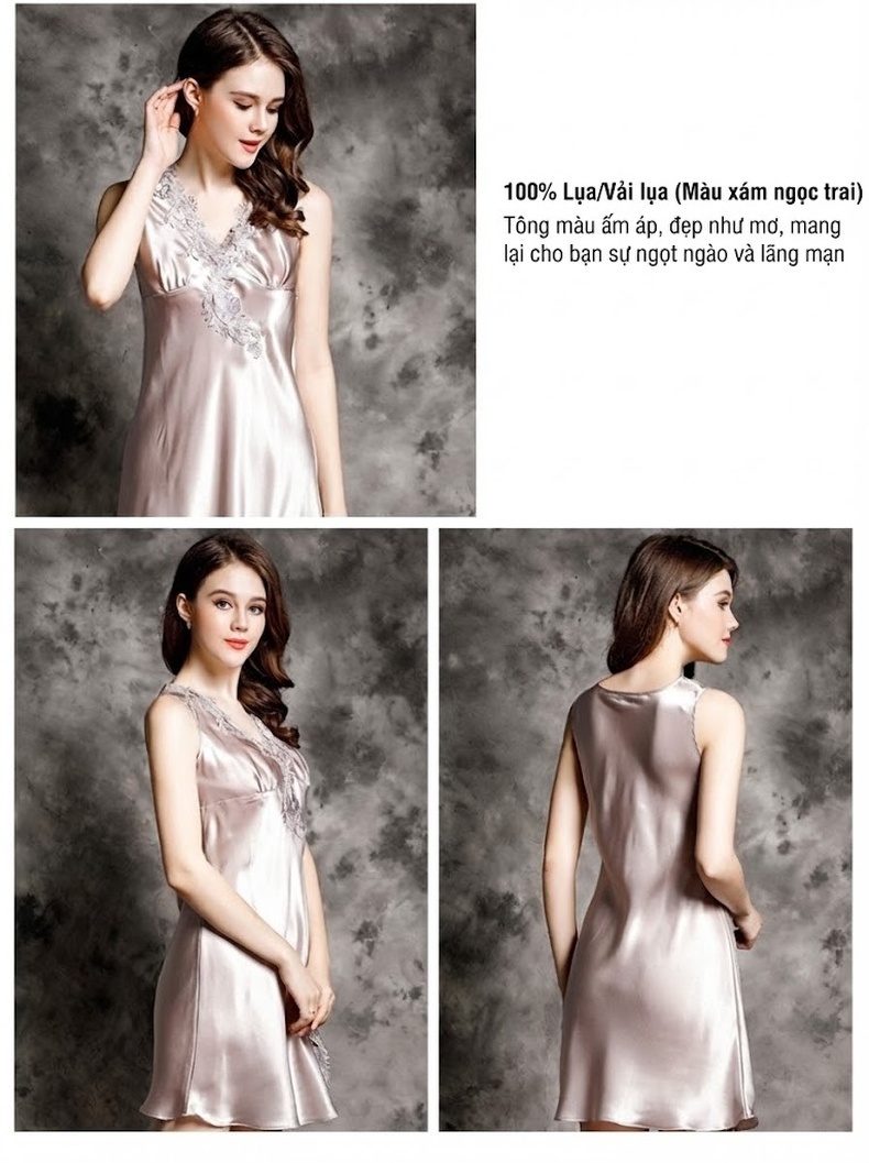 Váy Ngủ Lụa Tằm Tơ 100% Ren Hở Lưng Dáng Suông Mùa Hè Màu Xanh, Hồng, Kem chi tiết 12