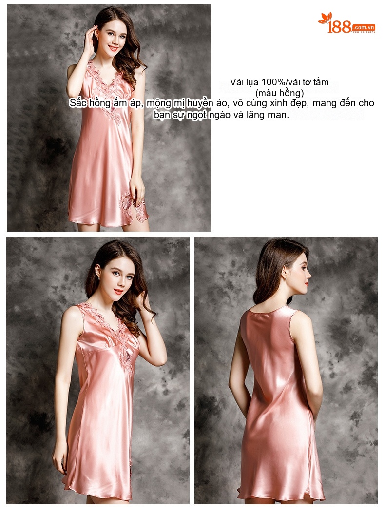 Váy Ngủ Lụa Tằm Tơ 100% Ren Hở Lưng Dáng Suông Mùa Hè Màu Xanh, Hồng, Kem chi tiết 8