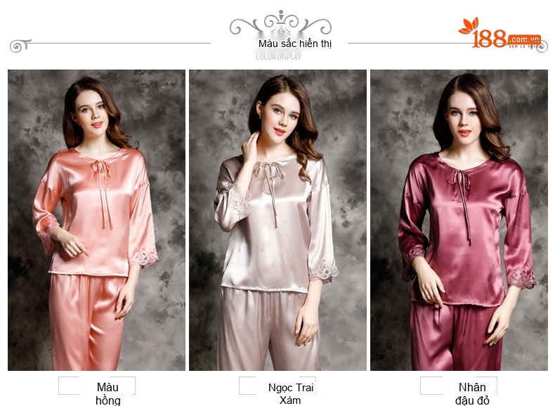 Bộ Đồ Ngủ Lụa Tơ Tằm 100% Dài Tay Quần Dài Nữ Mùa Thu Màu Hồng, Đỏ Rượu Vang, Kem... chi tiết 8