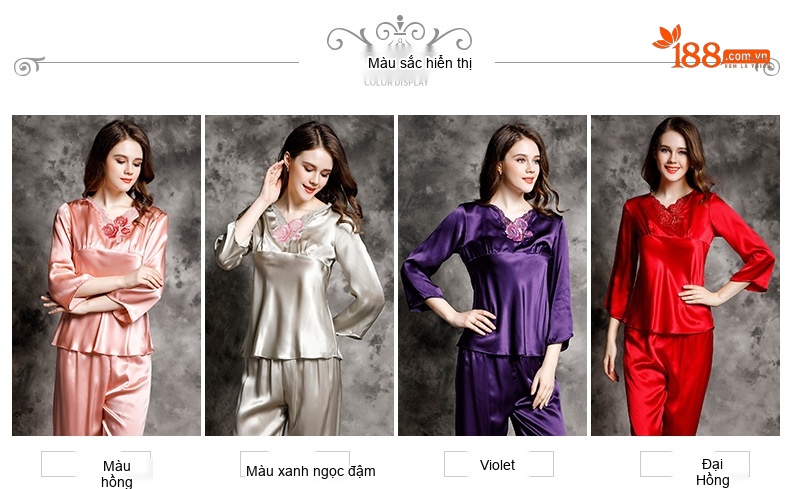 Bộ Đồ Ngủ Dài Tay Nữ 100% Lụa Tơ Tằm Ren Mùa Xuân Hè Màu Be, Đỏ, Tím, Hồng... chi tiết 8