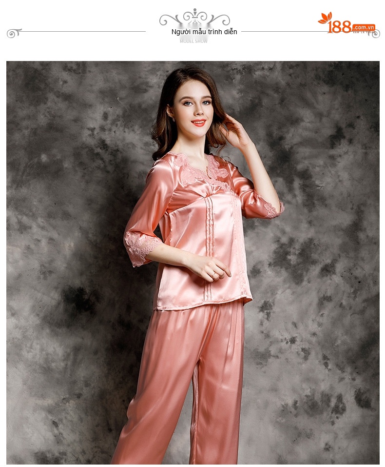Bộ Đồ Ngủ Lụa Nữ Tay Lỡ 100% Lụa Tằm Sexy Viền Ren Màu Hồng chi tiết 6