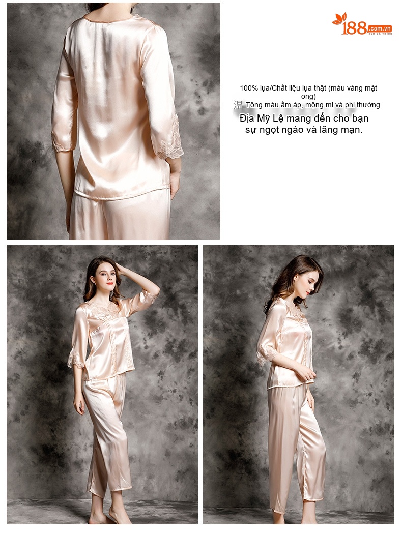 Bộ Đồ Ngủ Lụa Nữ Tay Lỡ 100% Lụa Tằm Sexy Viền Ren Màu Hồng chi tiết 12