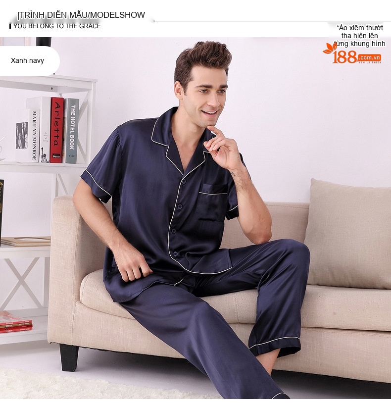 Bộ Pijama Lụa Tơ Tằm 100% Tay Ngắn Nam Màu Xanh Navy, Đỏ, Xám chi tiết 8