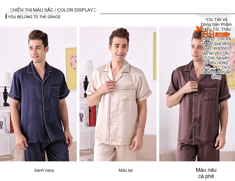 Bộ Pijama Lụa Tơ Tằm 100% Tay Ngắn Nam Màu Xanh Navy, Đỏ, Xám chi tiết 7