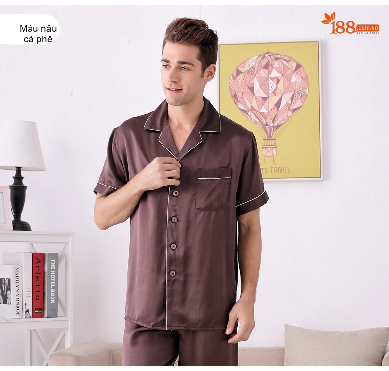 Bộ Pijama Lụa Tơ Tằm 100% Tay Ngắn Nam Màu Xanh Navy, Đỏ, Xám chi tiết 14