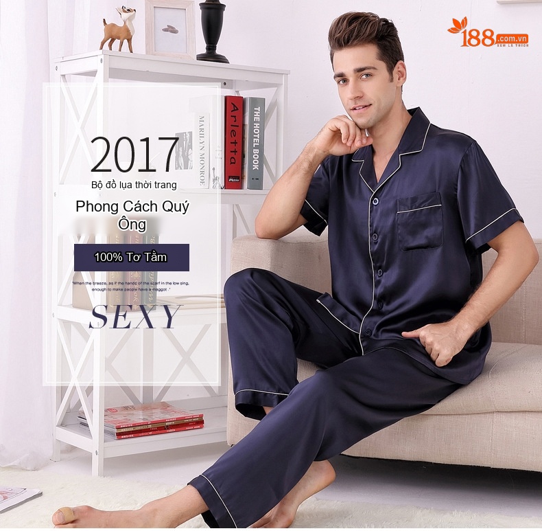 Bộ Pijama Lụa Tơ Tằm 100% Tay Ngắn Nam Màu Xanh Navy, Đỏ, Xám chi tiết 1