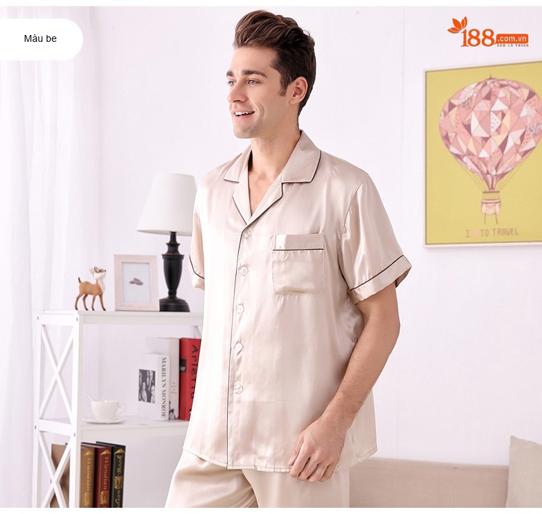 Bộ Pijama Lụa Tơ Tằm 100% Tay Ngắn Nam Màu Xanh Navy, Đỏ, Xám chi tiết 11