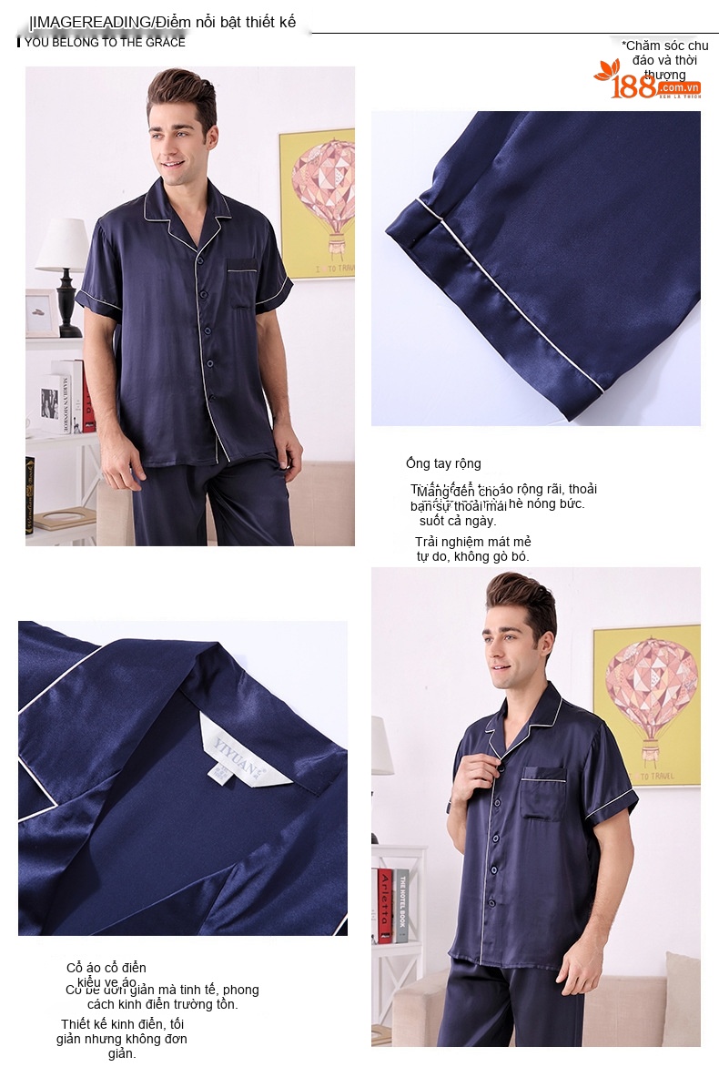 Bộ Pijama Lụa Tơ Tằm 100% Tay Ngắn Nam Màu Xanh Navy, Đỏ, Xám chi tiết 2