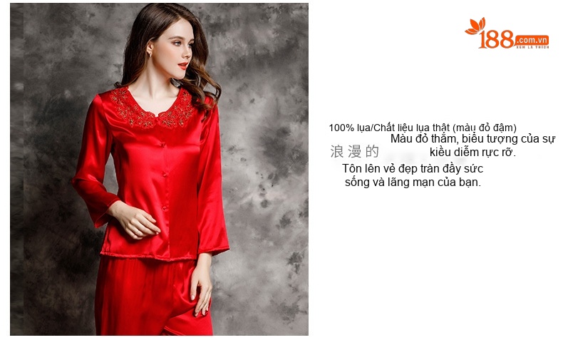 Bộ Đồ Ngủ Lụa Tơ Tằm Nữ Tay Dài Cổ Ren Cao Cấp Màu Hồng, Đỏ chi tiết 13