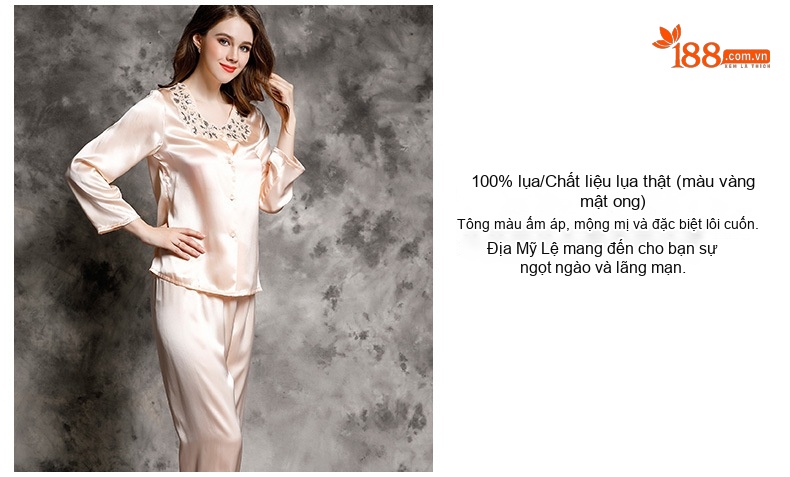 Bộ Đồ Ngủ Lụa Tơ Tằm Nữ Tay Dài Cổ Ren Cao Cấp Màu Hồng, Đỏ chi tiết 16