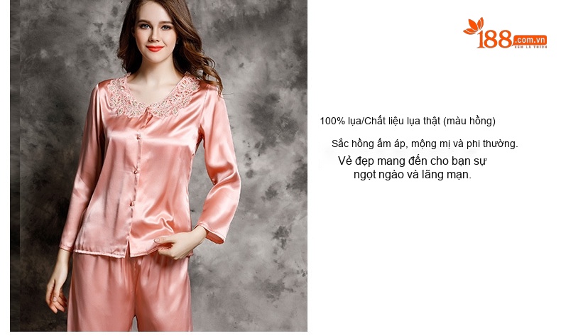 Bộ Đồ Ngủ Lụa Tơ Tằm Nữ Tay Dài Cổ Ren Cao Cấp Màu Hồng, Đỏ chi tiết 10