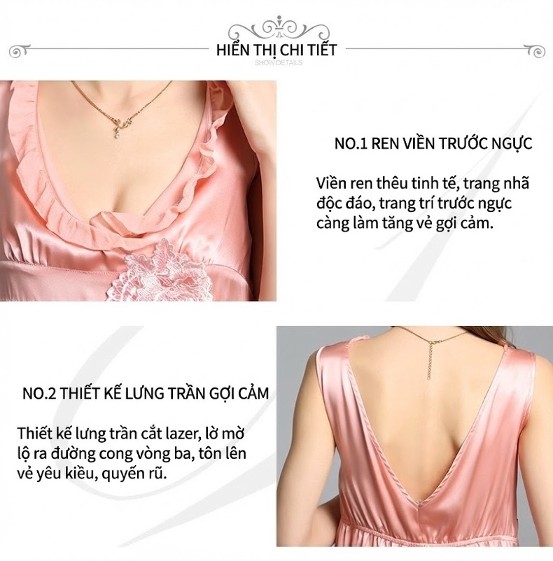 Váy Ngủ Lụa Tơ Tằm 100% Dáng Dây Rút Quyến Rũ Màu Đỏ, Hồng chi tiết 11