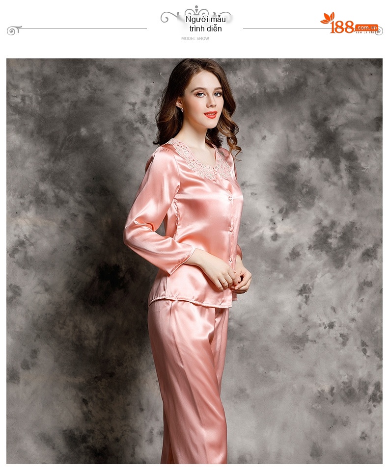 Bộ Đồ Ngủ Lụa Tơ Tằm Nữ Tay Dài Cổ Ren Cao Cấp Màu Hồng, Đỏ chi tiết 9