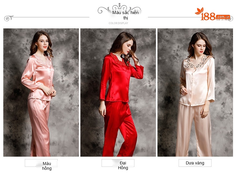 Bộ Đồ Ngủ Lụa Tơ Tằm Nữ Tay Dài Cổ Ren Cao Cấp Màu Hồng, Đỏ chi tiết 8