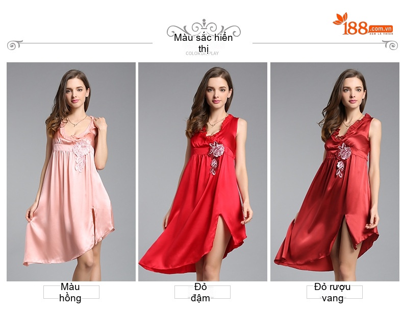 Váy Ngủ Lụa Tơ Tằm 100% Dáng Dây Rút Quyến Rũ Màu Đỏ, Hồng chi tiết 6