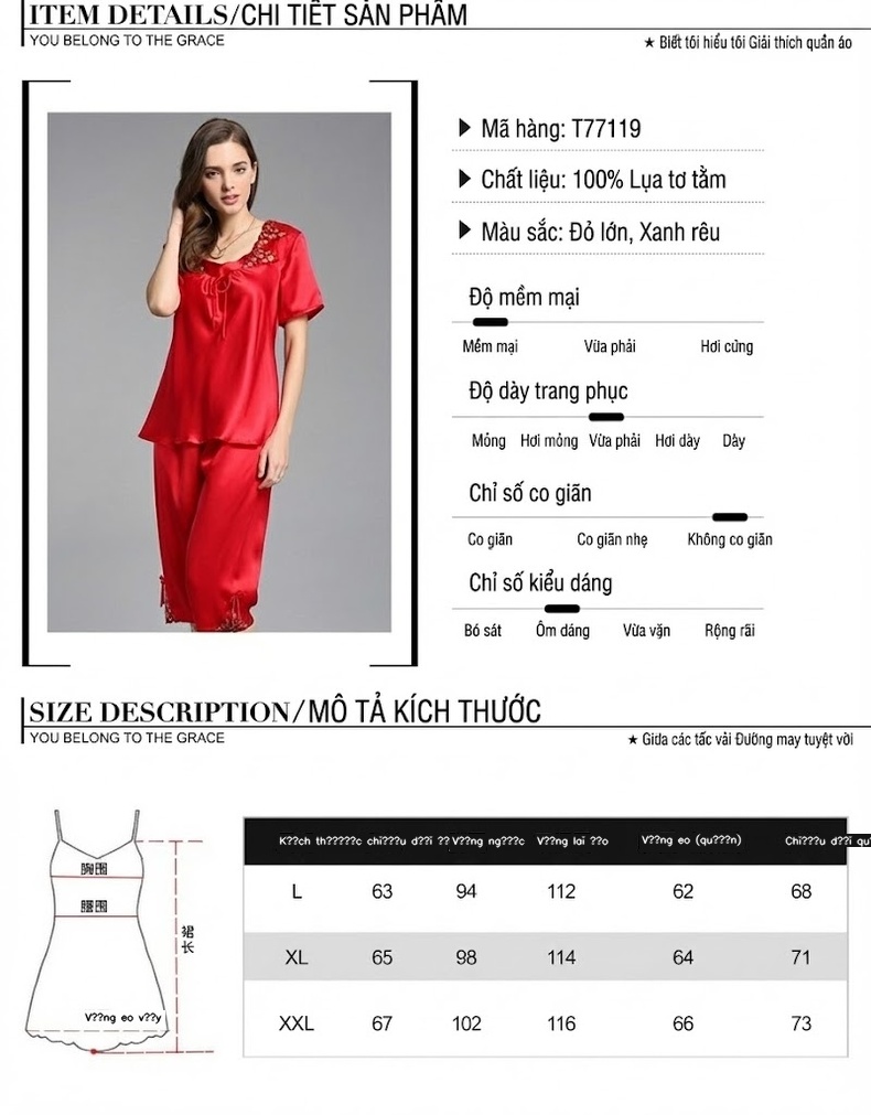 Bộ Đồ Ngủ Nữ Lụa Tơ Tằm 100% Tay Ngắn Quần Lửng Gợi Cảm Màu Đỏ, Xanh chi tiết 4