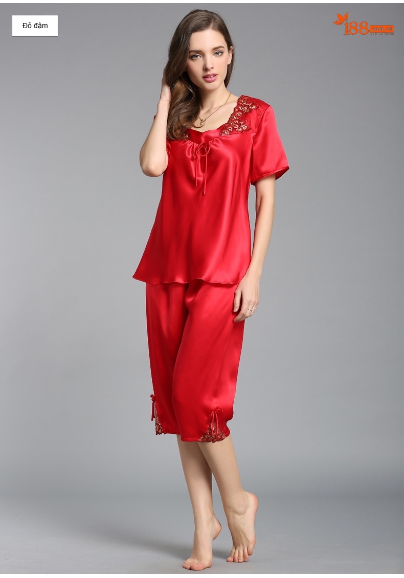 Bộ Đồ Ngủ Nữ Lụa Tơ Tằm 100% Tay Ngắn Quần Lửng Gợi Cảm Màu Đỏ, Xanh chi tiết 11